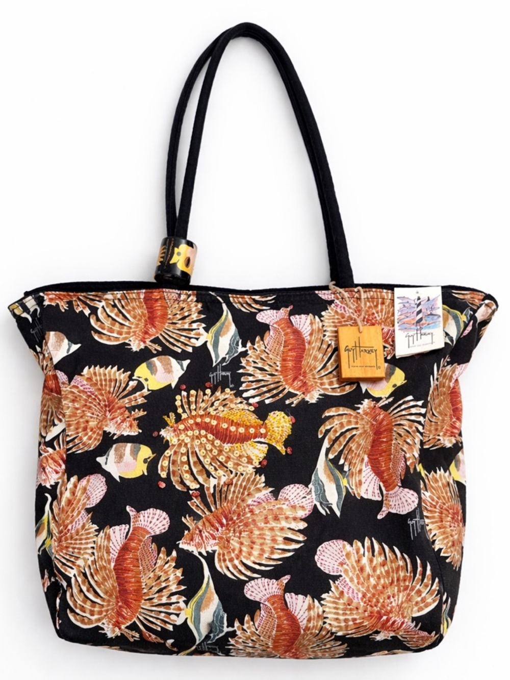 Guy Harvey Lionfish Print Cotton Tote Bag Coastal Beach Bag Carryall